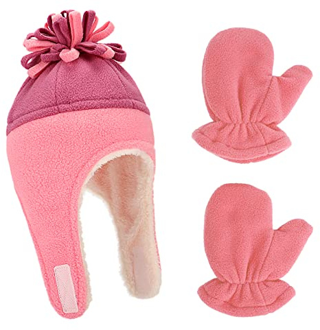 LACOFIA Bonnet en Molleton Chaud pour Bébé Fille Ensemble Chapeau et Moufle de Pilote d'hiver à Oreillettes pour Enfants Rouge Pastèque/Violet 1-3 Ans