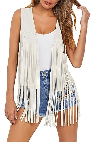 Dokotoo Womens Fashion 2026 Fringe Vest Country Concert Outfits for Women Western Cowgirl Hippie 70s 80s 90s Disco Fringe Jacket Sleeveless Faux Suede Tassel Leather Summer Clothes Beige X-Large
