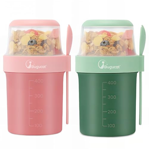 Bugucat Cereal Cup 560ML+310ML, 2PCS Yogurt Cups Plastic Milk Jar With Lids, Leak-Proof Breakfast Container Yoghurt Pot With Sauce Container, Yoghurt Container for Oatmeal Porridge Salad, Green+Pink