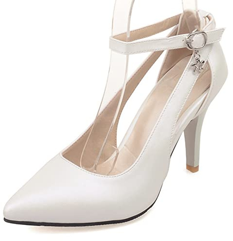 Gicoiz Femmes Bride Cheville Elegant Aiguille Escarpin Pump Robe Soirée Mariage Mode Bout Fermé Eté Suède Chaussures de Fête Blanc Taille 38 EU-39Cn