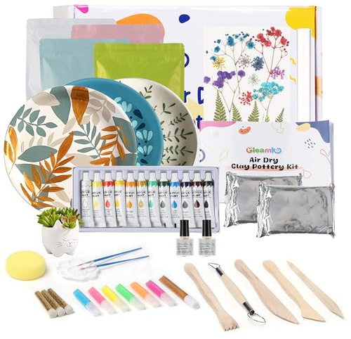 Gleamkid Air Dry Clay for Adults,39 PCS Pottery Kit with Acrylic Paints,12 12ml Paints/6 Fluorescent Shade/Sculpting Tools/Dry Flower/Glitter Powder/Paintbrush