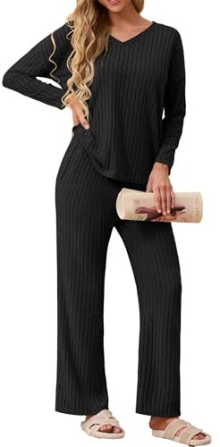 GRECERELLE Schlafanzug Damen Loungewear Pyjama Set Zweiteiler Elegant Gerippt Homewear Herbst Outfit Lose Langarm Oberteile Weitem Bein Hosen Sets