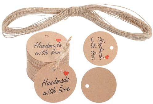 100 etichette regalo fatte a mano in carta con filo di iuta naturale da 22 m, rotonde, piccole etichette fatte a mano, per confezioni regalo, arte e artigianato, matrimoni, feste