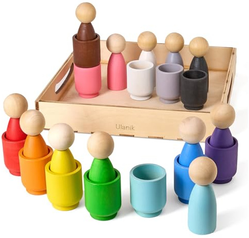 Ulanik Träfigurer i Koppar Montessori Leksak från 1 År | Öppet sorteringsset i trä; 12 tydliga färger; koppar och björkbricka för förvaring