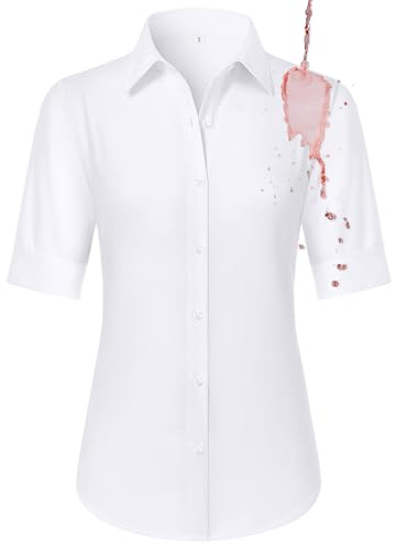 White Button Down Shirt Women Short Sleeve Button Up Collared Fitted Dress Blouses Tailored Strethy Wrinkle Free No Iron Uniform Work Formal Professional Office Business Casual Tops