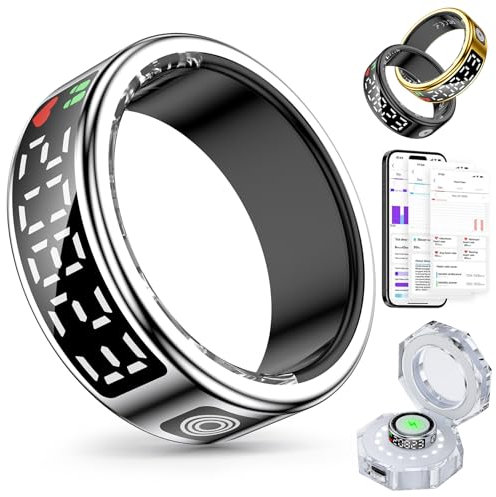 Gwenland Smart Ring Smartringe für Herren Damen, Fitness Tracker Rings mit LED Anzeige, Gesundheitsring IP68 Wasserdicht mit iOS und Android,Aktivitätstracker/Herzfrequenz/SpO2/Schlaf (Silber, 10)