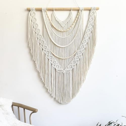 guzhiou Large Macrame Wall Hanging, 27'' W x 36'' L Boho Art Tapestry Wall Decor for Urban entryway,Living Room,Bedroom Decor, headboard Woven, Big Fiber Art Over Couch (Wood Bead)