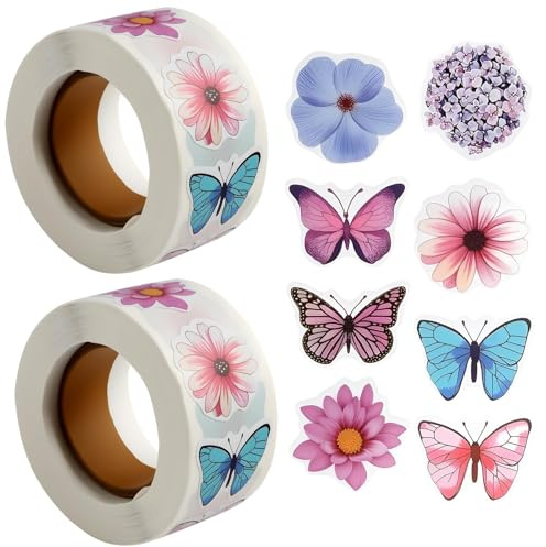 1000Pcs Assorted Butterfly and Flower Stickers Colourful, Self-Adhesive Decorative Stickers for Scrapbooks, Butterfly, Decorations, Waterproof Paper Decals in Various Styles