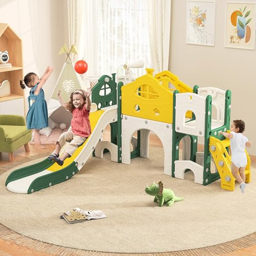 Scivolo per bambini, 7 in 1, scivoli multifunzione per bambini, con cornice da arrampicata, telescopi, corridoio di gioco, cerniera interna per bambini con 1 cerniera, giallo + verde