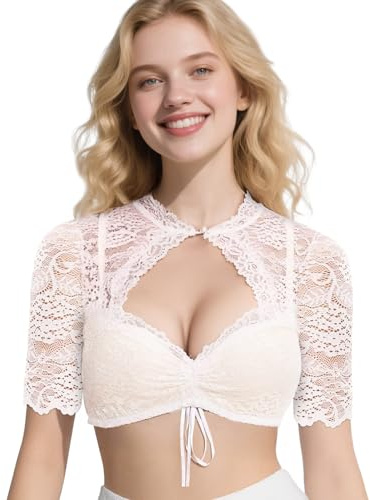 SaiXuan Bolero Encaje Mujer Blanco – Blusa Dirndl Elegante Corta de Manga Corta con Cordón Ajustable, Top Tradicional de Encaje para Oktoberfest, Carnaval y Fiesta Bávara (S)