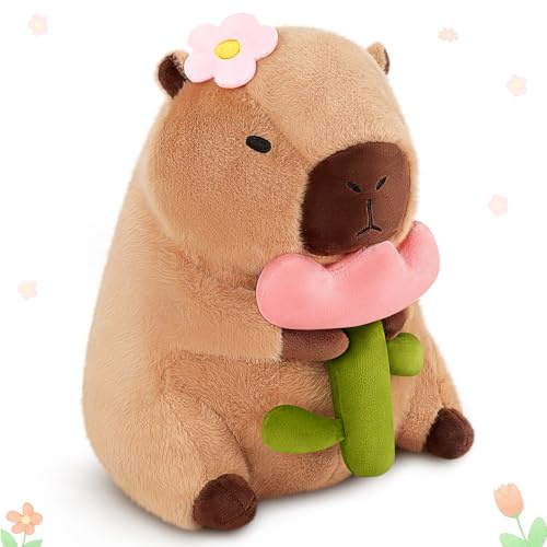 11.8 in Large Capybara Plush Toy Capybara Toy Stuffed Capybara with Flower, Cuddly Toys Stuffed Animal and Plush Pillow Soft Animal Plushie Hugging Pillow Large Fluffy Cushion Doll Present
