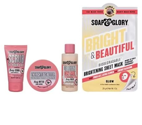 Soap & Glory Gift Set, Body Care Collection with Body Butter, Body Wash, Scrub, Sheet Mask, 4 Piece Set, Christmas Gift