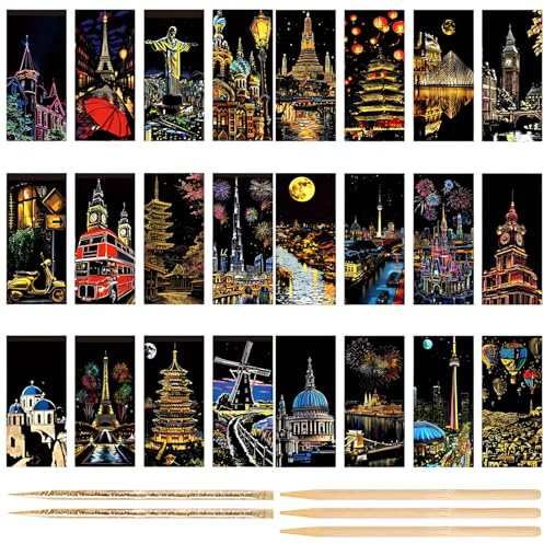 24 Stück Kratzbilder, Kratzbilder mit 24 klassischen Wahrzeichen und Stadtansichten, DIY Set für Erwachsene, inklusive Kratzstift und Schaber, elegante Verpackung