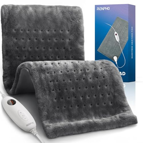 RENPHO Almohadilla Térmica con Apagado Automático, 30 x 60 cm, 6 Niveles de Calor, Manta Eléctrica Para Espalda, Cuello y Hombros, Lavable a Máquina | Gris, Franela - Regalos Para Mujeres y Hombres
