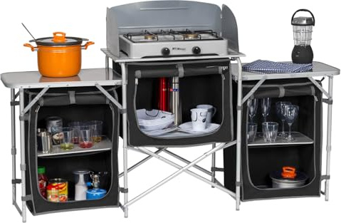 Campingküche XL, mobile Aluminium Küchenbox mit Windschutz, aufrollbare Arbeitsplatte, höhenverstellbare Füße, 5 Staufächer, tragbare Campingküche für Outdoor, Campingplatz, Reise und Kochen im Freien