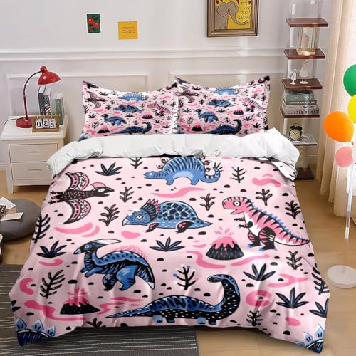 BJCJGGL Enkelt bäddset rosa dinosaurie påslakan för barn – sängklädesset med dragkedja och 2 örngott 50 cm x 75 cm – mjukt allergivänligt mikrofiberpåslakan 135 cm x 199 cm
