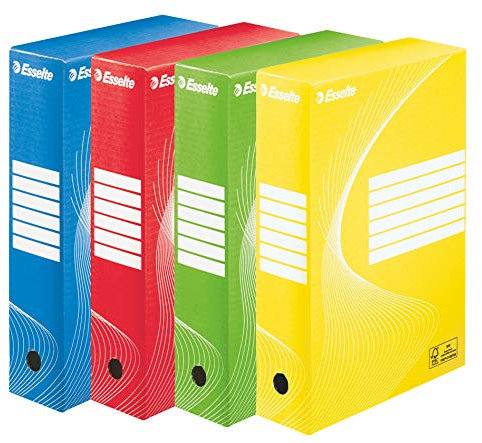 Esselte Boîte à Archive Standard, 80 mm, A4, Boîte Transfert, Carton Ondulé Sans Acide, Lot de 10, Capacité 600 Feuilles, Montage rapide et facile, Couleurs Assorties, 128403