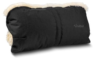 Fellhof® Kinderwagen Handwärmer, 100% Merino-Lammfell, wind- u. wasserabweisend, reflektierende Streifen, OEKO-TEX® zertifiziert, Universalgröße für alle Kinderwagen (schwarz)