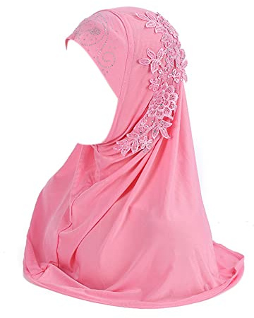 Caviotess Women One Piece Muslim Hijab Lace Applique Head Wrap Scarf Shawl with Rhinestones