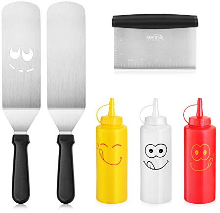New Star Foodservice 7006865 Edelstahl Grillbesteck & Zubehör Werkzeugset 6-teilig inkl. Spatel, Teigschaber mit Maßen & Quetschflasche Set
