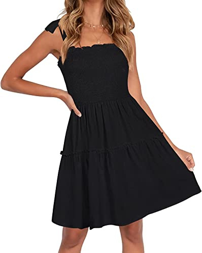 ZESICA Women's 2025 Summer Spaghetti Strap Sleeveless Square Neck Ruffle A Line Swing Mini Dress,Black,Medium