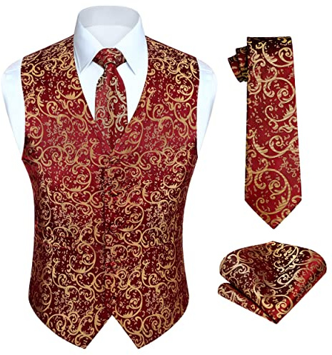 HISDERN Homme Gilet Costume Paisley Floral Jacquard Gilets Sans Manche Homme Cravate Poche Carre Mouchoir Gilets Bourgogne M