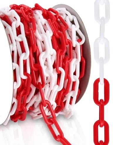 (0,76 EUR/m) - 25m Bund Absperrkette [Rot/Weiß] - Plastikkette | Kunststoffkette im Beutel | 6mm Gliederkette | Warnkette Sicherungskette | UV-beständig & frostresistent | Baustellensicherung