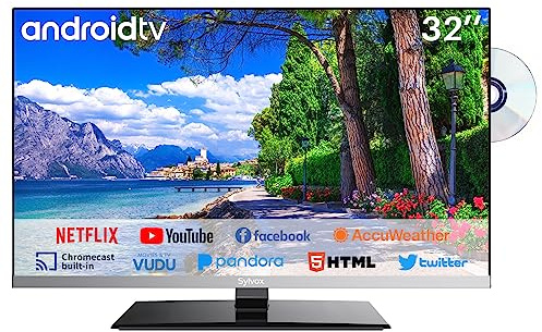 SYLVOX 32 inch Smart TV with DVD Player Built in and Satellite Decoder, Google Play, Frameless RV TV 1080P FHD, Support WiFi Bluetooth, HDMI USB, Android 12V TV for Campervans, Motorhomes, Caravans
