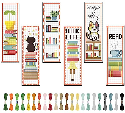 FREEBLOSS Juego de 6 juegos de bordado de punto de cruz, marcapáginas, juego de bordado para principiantes, punto de cruz, marcapáginas, libro, patrón, kit de punto de cruz, con instrucciones (idioma