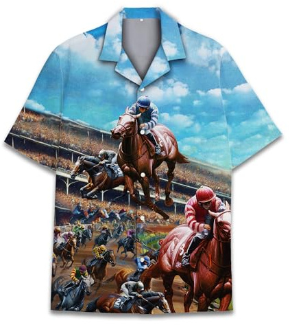 Tropical Bigfoot Hawaiian Shirts for Men Women, Bigfoot Sasquatch Summer Beach Aloha Button Down Short Sleeve, Horse Racing, XL