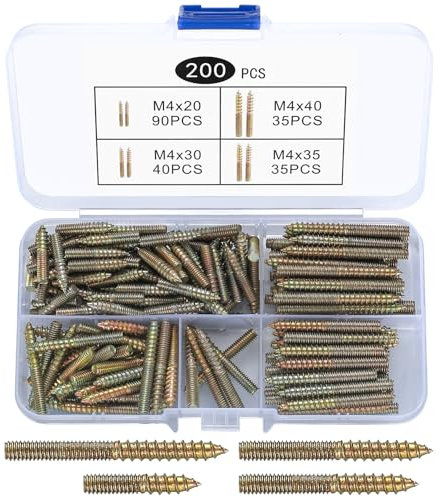 200 Pcs Colgador Pernos, M4 Tornillos de Doble Cabeza, Tornillos Doble Rosca para Madera, Tornillo de Doble Rosca para Fijación de Muebles de Carpintería, Juntas de Madera