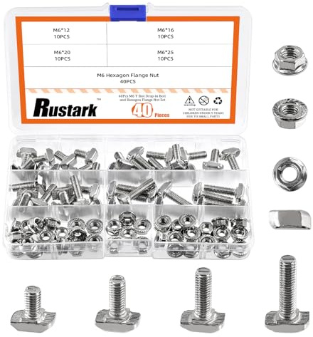 Rustark 80Pcs M6x12/16/20/25mm T-Slot Drop-in Bolts with M6 Hexagon Flange Nuts Assortment Kit, Hammer Head Bolt T Shape Sliding Screw Stud for European Standard 30 Series Aluminum Profile