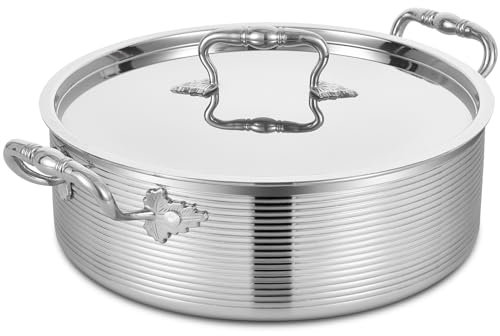 Inqibee Sauteuse triple épaisseur en acier inoxydable de 8 l avec couvercle en acier, poêle à frire profonde à induction de 33 cm, grande poêle, très résistante, passe au lave-vaisselle et au four.