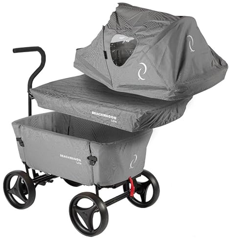 Beach Wagon Bollerwagen Faltbar LITE Kombiset - 80KG Traglast - Klappbarer Handwagen mit Verdeck, Matratze und Wannenabdeckung für Garten, Camping, Einkaufen und Picknick - Hellgrau