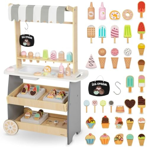 mamabrum Carrello Gelato in Legno con Ruote per Bambini 3+ - Gioco del Venditore con Accessori, Design Compatto per Sviluppare creatività e Abilità Sociali