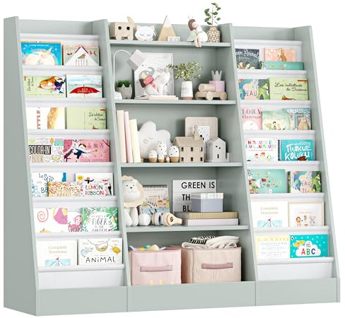 FOREHILL 129 cm Breite Kinderregal, Bücherregal für Kinder mit 14 Ablagen, Kinderzimmer Möbel aus Holz, Spielzeugregal, Regal für Kinderzimmer, Kindergarten, Leseecke, 129 x 120 x 35 cm (graugrün)