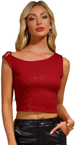 Allegra K Sleeveless Tank Top for Women's Summer Off Shoulder Y2K Shiny Party Crop Top Red m