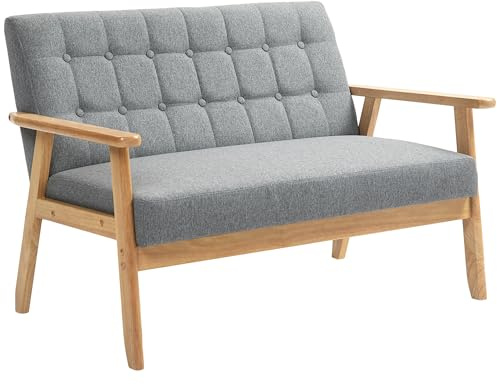 HOMCOM Sillón Individual Sofá Individual Respaldo Acolchado Gris Claro | Tapizado en Lino, con Reposabrazos de Madera, Carga 250 kg, para Salón Dormitorio
