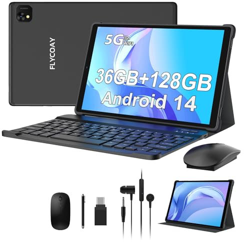 FLYCOAY Tablet 10 inch Android 14, Octa-Core, 36GB RAM+128GB ROM, 1TB Expand, 5G WiFi, INCELL FHD, Dual Camera/Bluetooth 5.0/Face ID,Tablet with Keyboard+Mouse+Case+Pen(Black)
