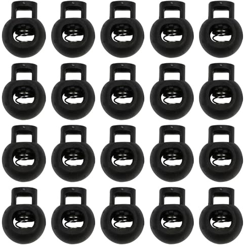 WOLMIK 20 Stück 1-Loch Kordel Stopper, bis Ø 6 mm Kordeln, Rund Einloch Kordelklemme aus Kunststoff, Schwarz Schnurstopper, Band Klemme für Jacke Sportkleidung Rucksack Gummikordel Stopper