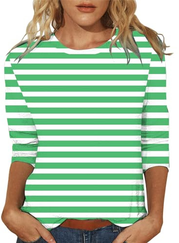 Camiseta de rayas para mujer, manga 3/4, camiseta básica con rayas, cuello redondo, informal, camiseta de primavera y verano, camiseta de deporte, informal, ropa de calle Y2k, verde, 3XL