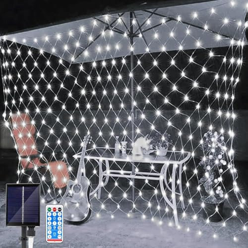 Filet lumineux solaire – Guirlande lumineuse en maille de 1,5 x 1,5 m, 96 LED d'extérieur étanche avec 8 modes d'éclairage, télécommande pour sapin de Noël, pelouse, clôture, mur (blanc