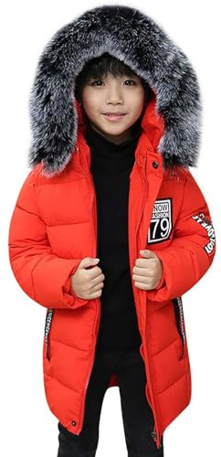 Manteau d'hiver pour garçon, veste matelassée de longueur moyenne, imperméable, coupe-vent, parka lourde doublée de polaire avec capuche en fausse fourrure, Orange, 7-8 ans