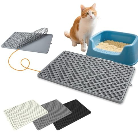 Vibsky Alfombrilla de silicona para gatos con diseño desmontable de doble capa para caja de arena, alfombrilla de comida para mascotas y tapete de secado, 46,5 x 32,5 cm, negro, gris, beige