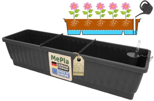 MePla – XXL balkonglåda Venezia 100 cm antracit med vattenbehållare inkl. Vattennivåindikator – tillverkad i Tyskland – hållbar, självvattnande och direkt planterbar