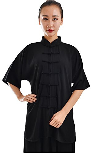 ZooBoo Unisex Cotton Blend Short Sleeves Tai Chi Suit Morning Exercise Uniform Kung Fu Clothing (L, Black)