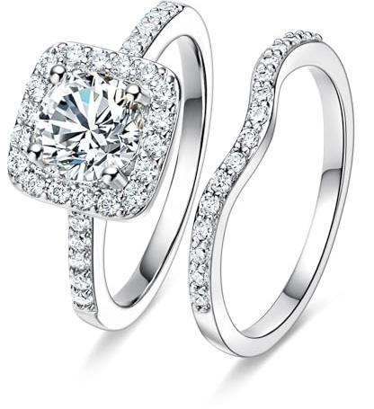 MDFUN 18K White Gold Plated Cubic Zirconia Two-In-One Halo Wedding Engagement Promise Eternity Ring for Women Size 7.5