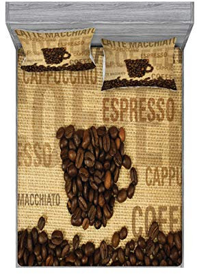 ABAKUHAUS Kaffee Buntes Spannbetttuch- und Kissen-Set, Kaffeebohnen geformt Tasse, Dekoratives und Bedrucktes 3-teiliges Bettwäscheset, 150 cm x 200 cm, Dunkelbraun Hellbraun