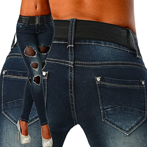 Red Seventy Women's Skinny Ripped Distressed Mesh Insert Low Waist Jeans Blue Belted UK 8