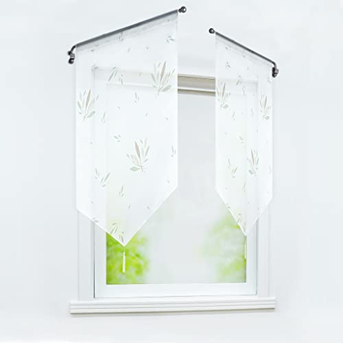 Joyswahl Brise Bise Transparent Passe Tringle avec Feuilles Verts Decor de Cuisine Chambre Tissu Souple 1 Pièce Blanc LxH 60x90cm